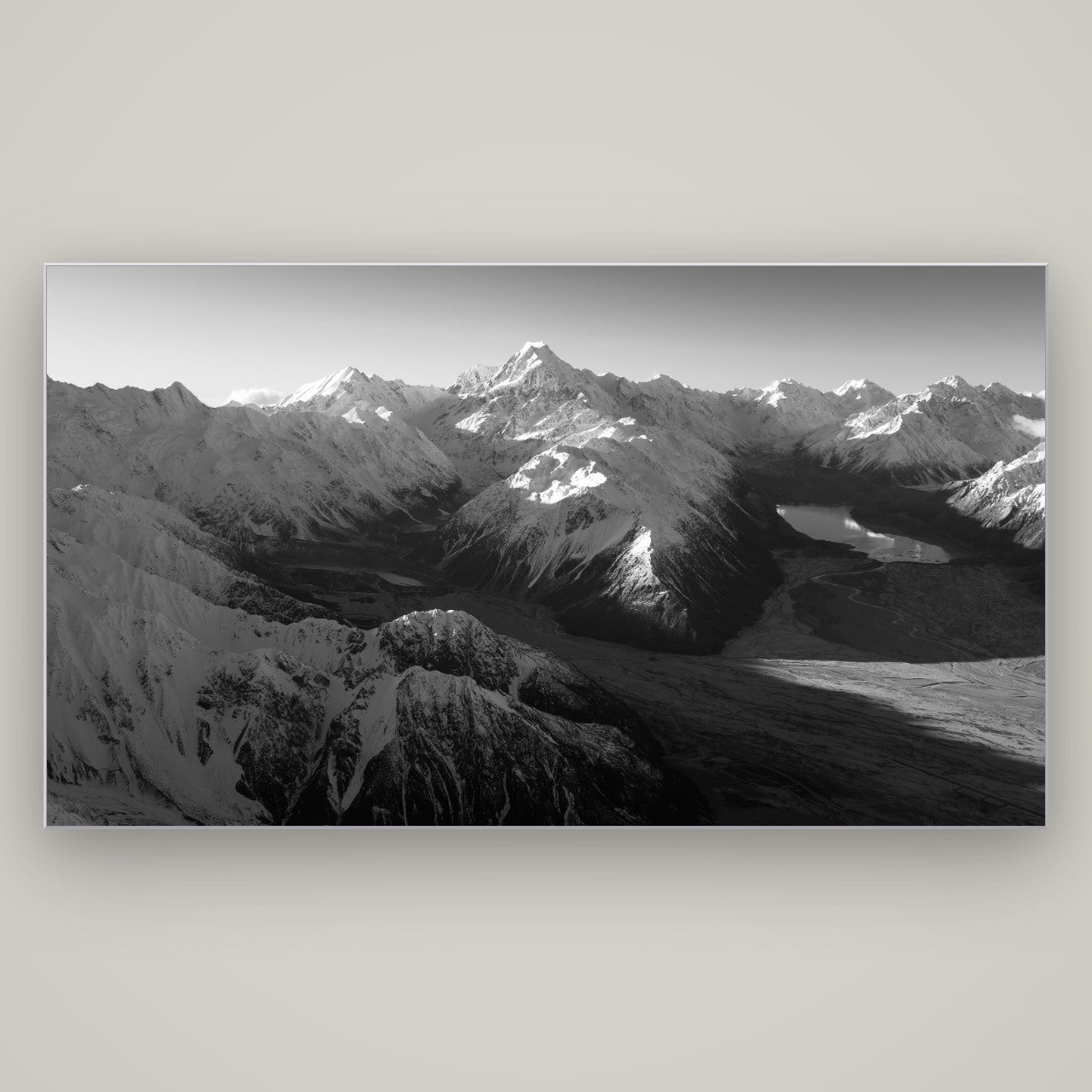 Elysian Heights, Mount Cook's Sunset Embrace — Slimline Silver, 196×110 cm. New Zealand fine art wall art by Stephen Milner.
