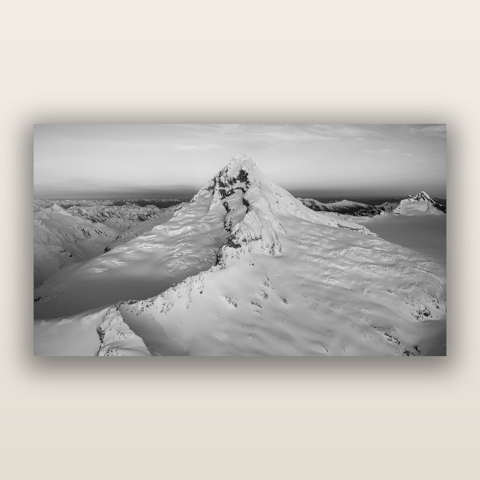 Elysian Majesty, Mount Aspiring's Evening Embrace, black and white frameless acrylic glass print. New Zealand fine art photography by Stephen Milner.