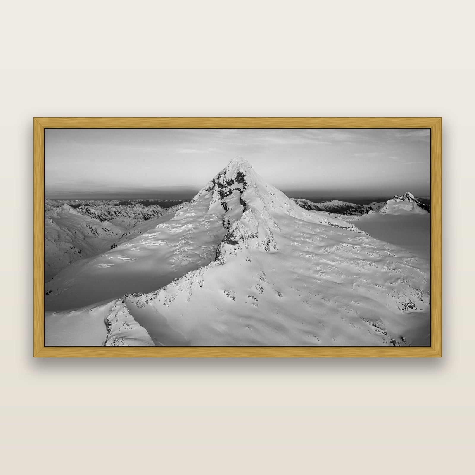 Elysian Majesty, Mount Aspiring's Evening Embrace, black and white framed metallic canvas print, Antique Gold frame. New Zealand fine art wall art by Stephen Milner.