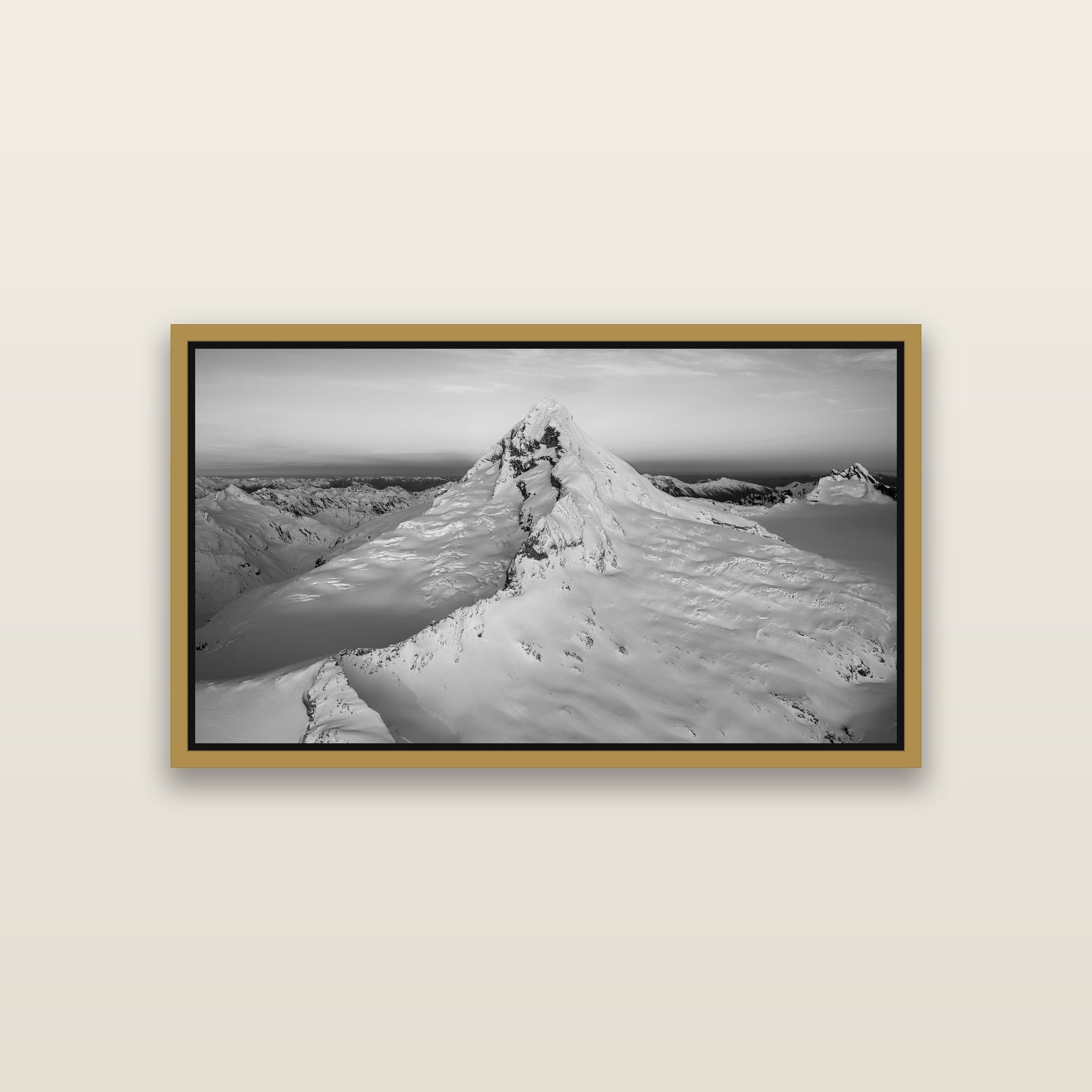Elysian Majesty, Mount Aspiring's Evening Embrace — Antique Gold framed metallic canvas print, small 81 × 46 cm. New Zealand fine art landscape wall art by Stephen Milner.