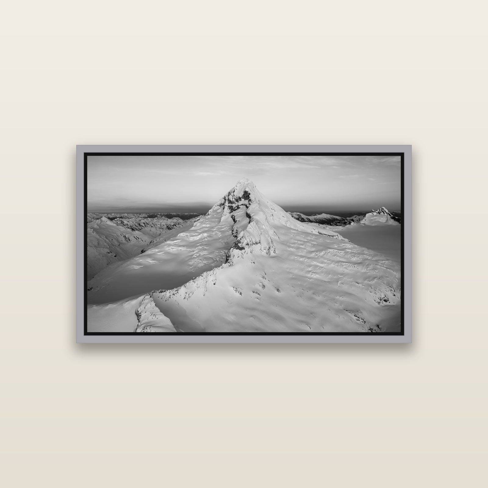 Elysian Majesty, Mount Aspiring's Evening Embrace — Antique Silver framed metallic canvas print, small 81 × 46 cm. New Zealand fine art landscape wall art by Stephen Milner.