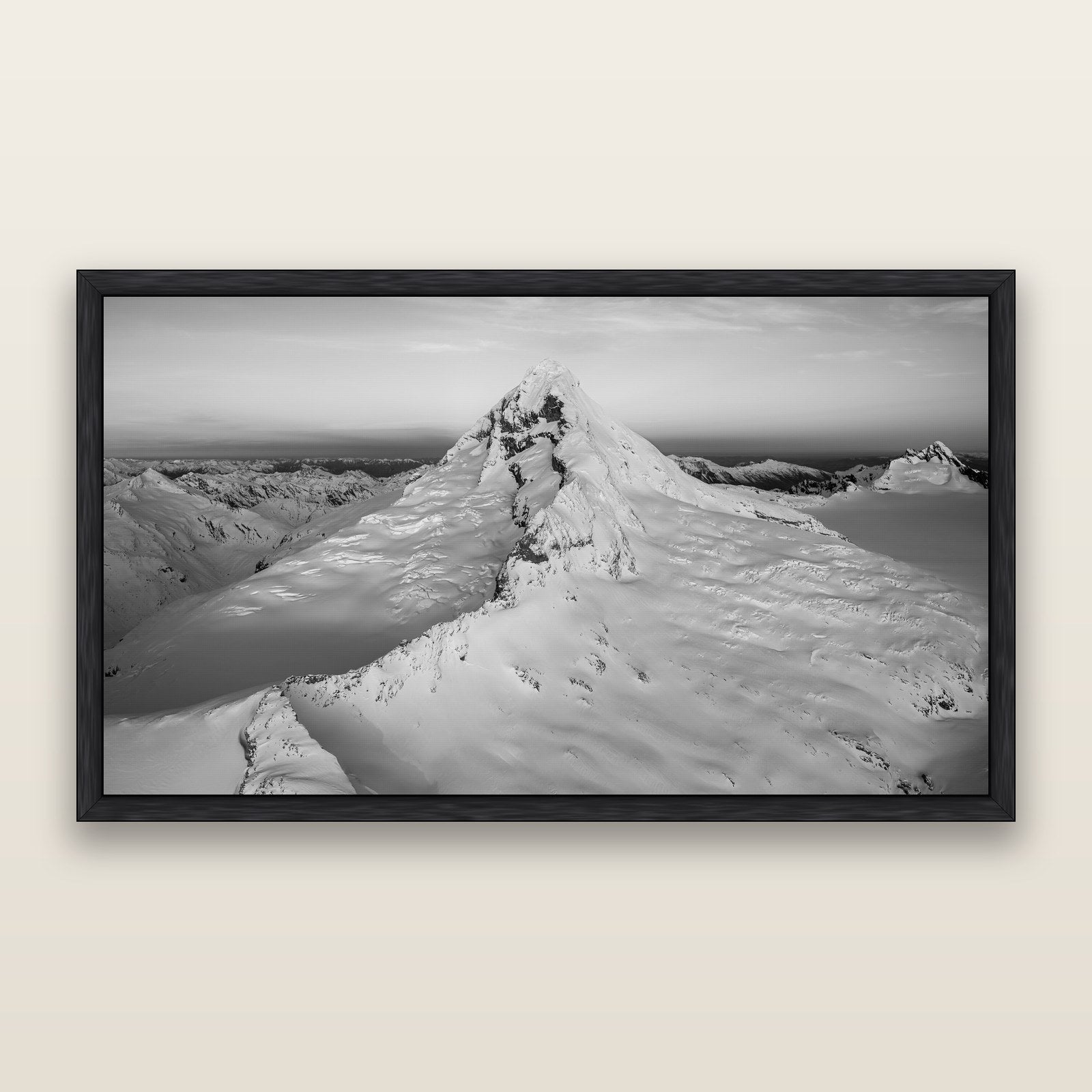 Elysian Majesty, Mount Aspiring's Evening Embrace, black and white framed metallic canvas print, Black frame. New Zealand fine art wall art by Stephen Milner.