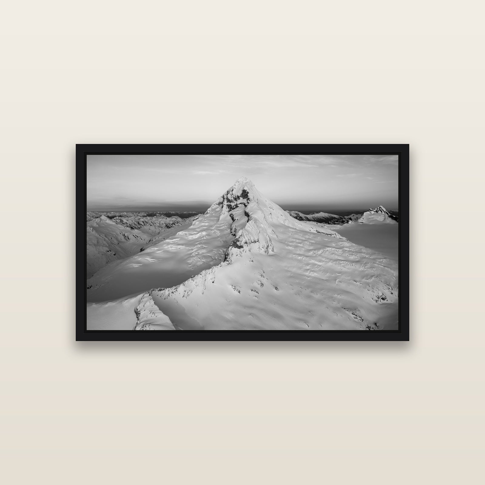 Elysian Majesty, Mount Aspiring's Evening Embrace — Black framed metallic canvas print, small 81 × 46 cm. New Zealand fine art landscape wall art by Stephen Milner.