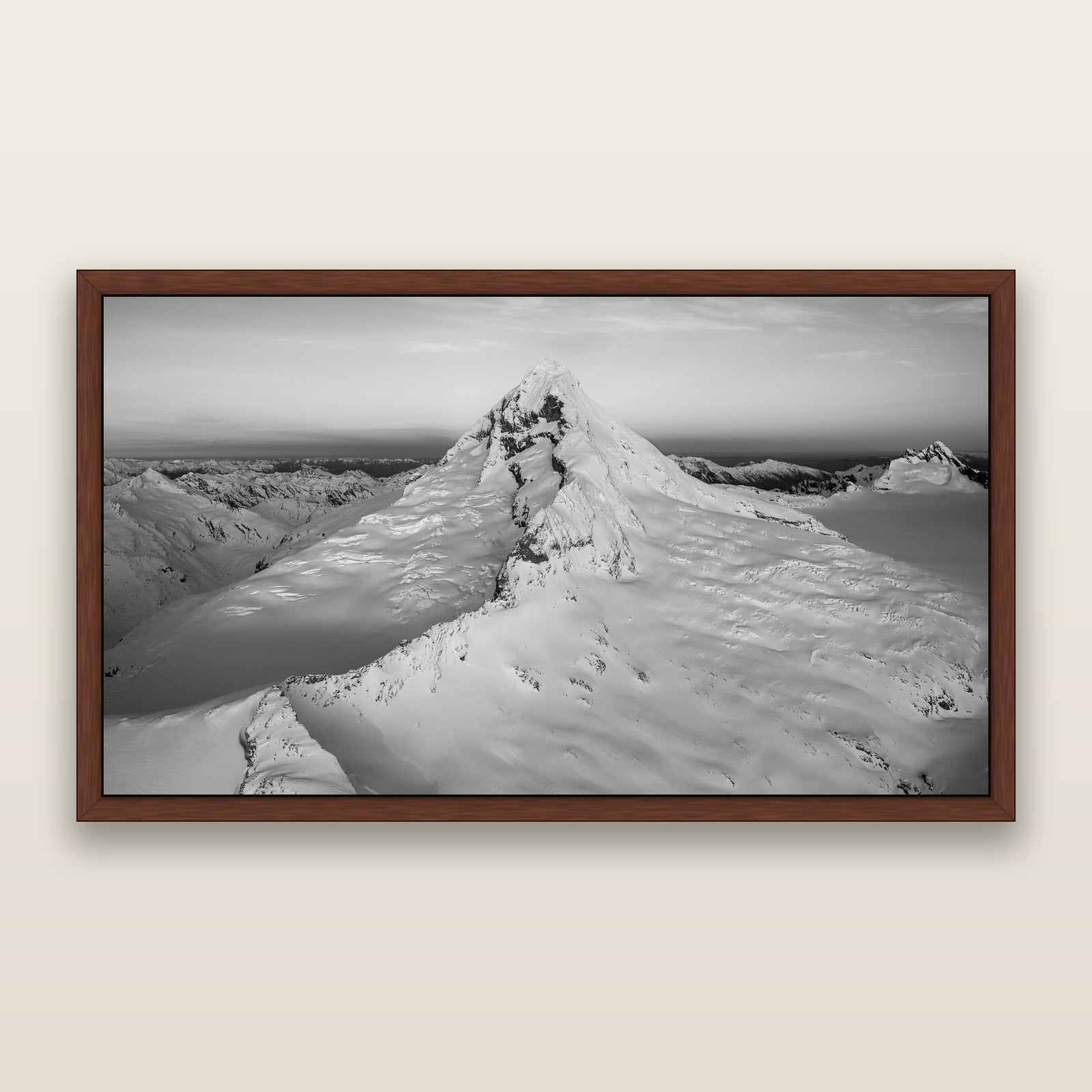 Elysian Majesty, Mount Aspiring's Evening Embrace, black and white framed metallic canvas print, Brown frame. New Zealand fine art wall art by Stephen Milner.