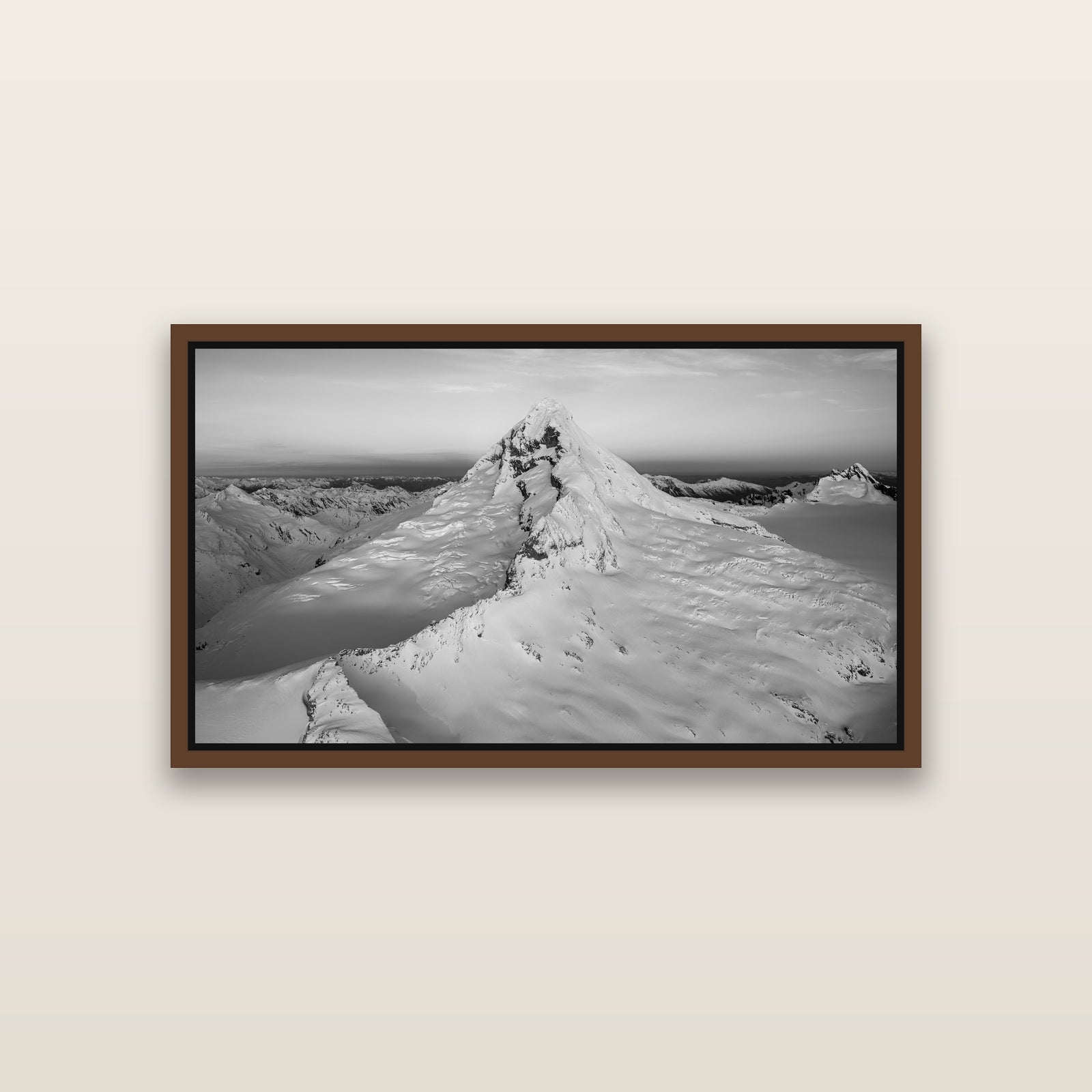 Elysian Majesty, Mount Aspiring's Evening Embrace — Brown framed metallic canvas print, small 81 × 46 cm. New Zealand fine art landscape wall art by Stephen Milner.