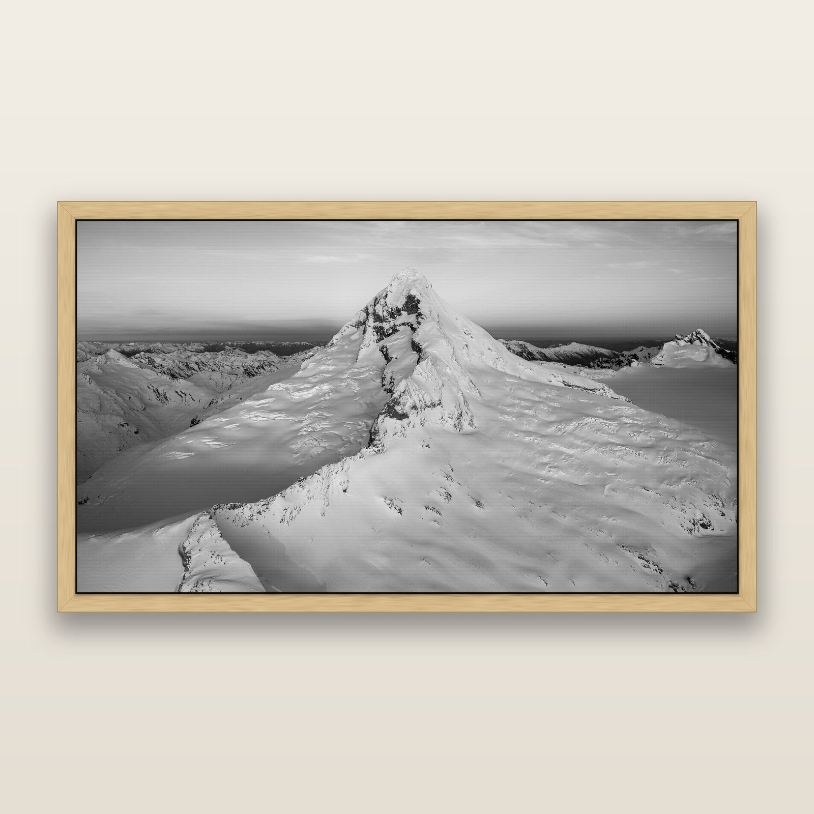 Elysian Majesty, Mount Aspiring's Evening Embrace, black and white framed metallic canvas print, Natural frame. New Zealand fine art wall art by Stephen Milner.