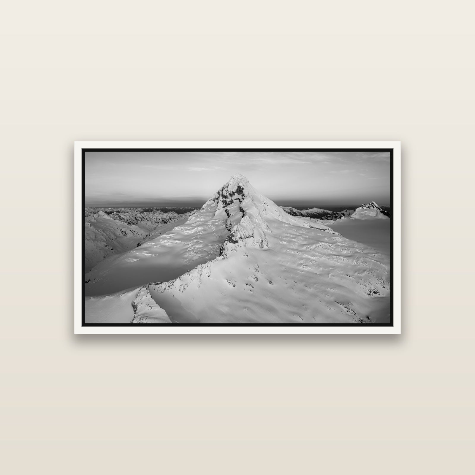 Elysian Majesty, Mount Aspiring's Evening Embrace — White framed metallic canvas print, small 81 × 46 cm. New Zealand fine art landscape wall art by Stephen Milner.