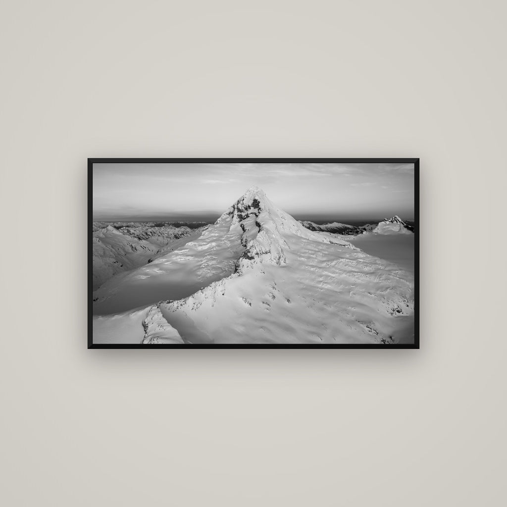 Elysian Majesty, Mount Aspiring's Evening Embrace — Basel Black Matte, 107×60 cm. New Zealand fine art wall art by Stephen Milner.