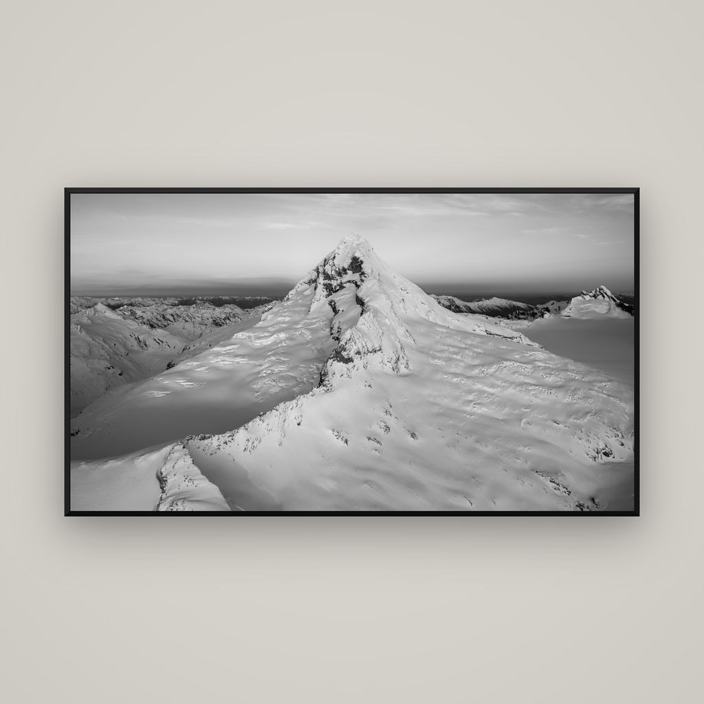 Elysian Majesty, Mount Aspiring's Evening Embrace — Basel Black Matte, 160×90 cm. New Zealand fine art wall art by Stephen Milner.