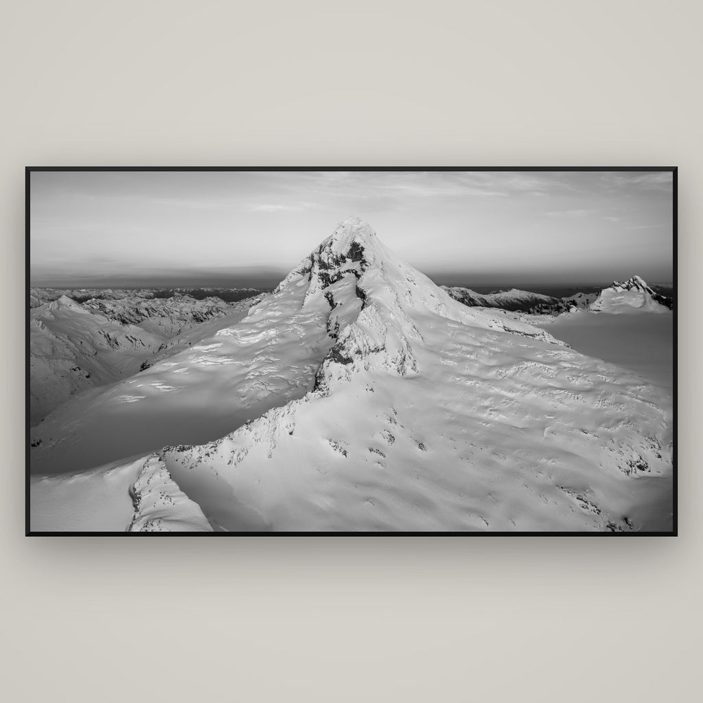 Elysian Majesty, Mount Aspiring's Evening Embrace — Basel Black Matte, 196×110 cm. New Zealand fine art wall art by Stephen Milner.