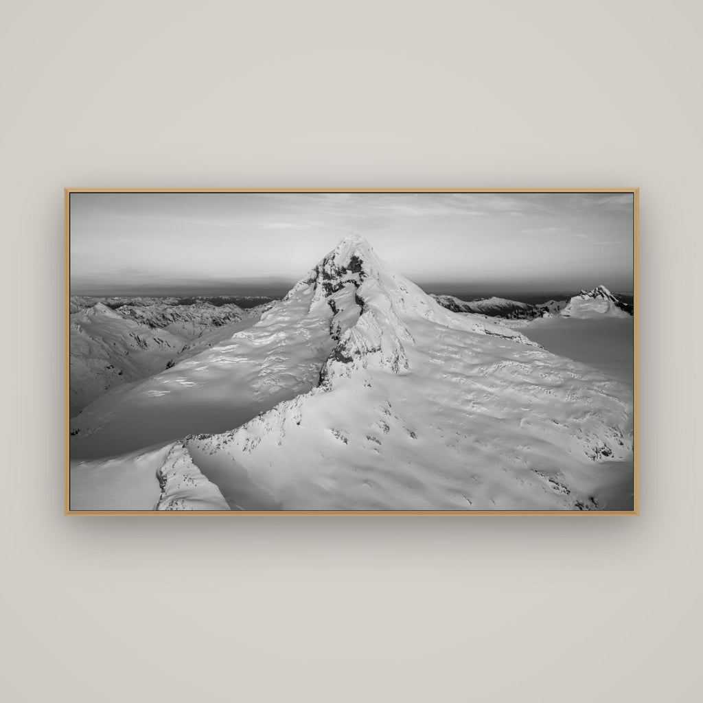 Elysian Majesty, Mount Aspiring's Evening Embrace, Basel Natural Oak, 160×90 cm. New Zealand fine art wall art by Stephen Milner.