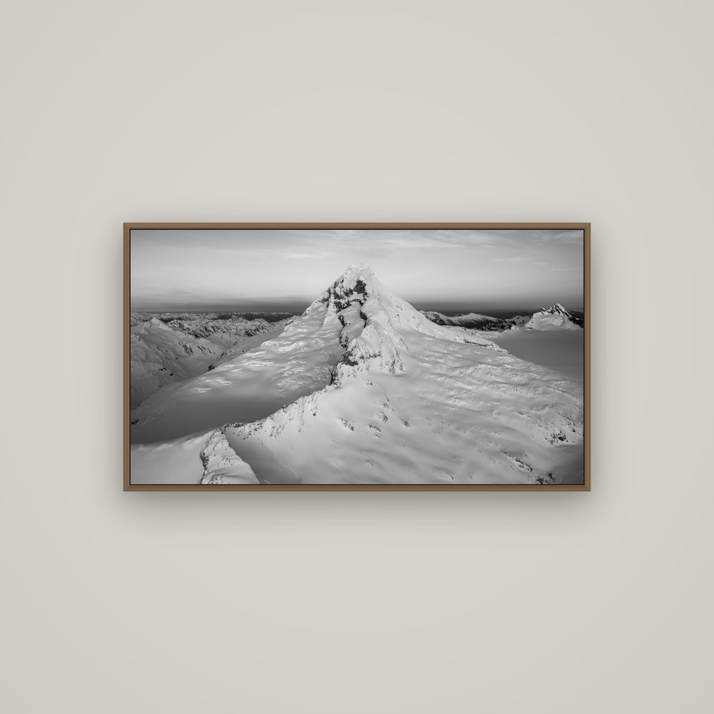 Elysian Majesty, Mount Aspiring's Evening Embrace, Basel Walnut, 107×60 cm. New Zealand fine art wall art by Stephen Milner.