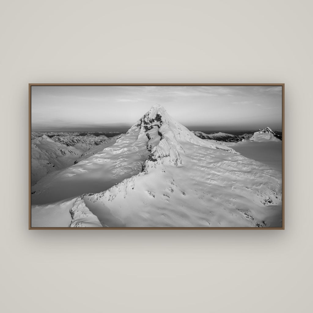 Elysian Majesty, Mount Aspiring's Evening Embrace, Basel Walnut, 160×90 cm. New Zealand fine art wall art by Stephen Milner.
