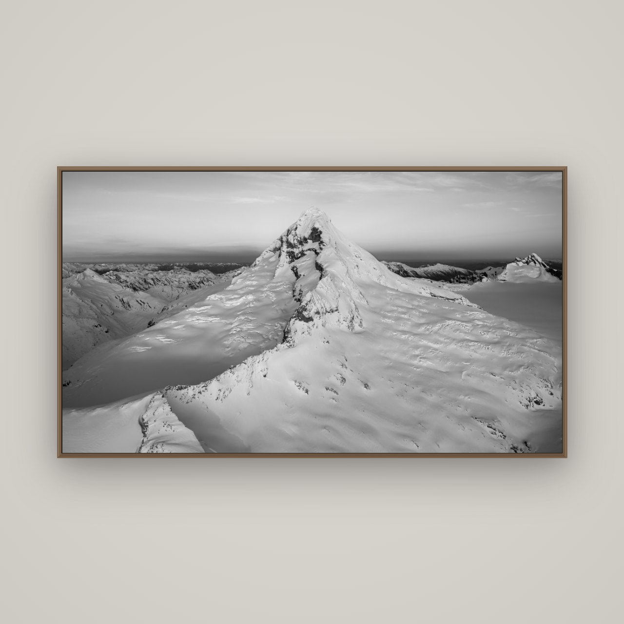 Elysian Majesty, Mount Aspiring's Evening Embrace, Basel Walnut, 160×90 cm. New Zealand fine art wall art by Stephen Milner.