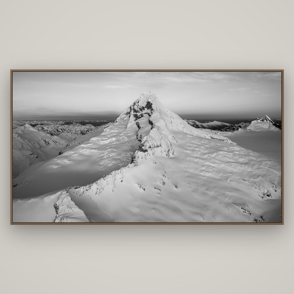 Elysian Majesty, Mount Aspiring's Evening Embrace, Basel Walnut, 196×110 cm. New Zealand fine art wall art by Stephen Milner.