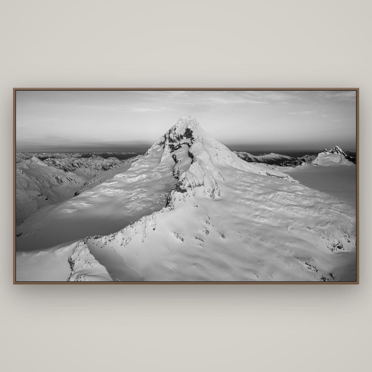 Elysian Majesty, Mount Aspiring's Evening Embrace, Basel Walnut, 196×110 cm. New Zealand fine art wall art by Stephen Milner.