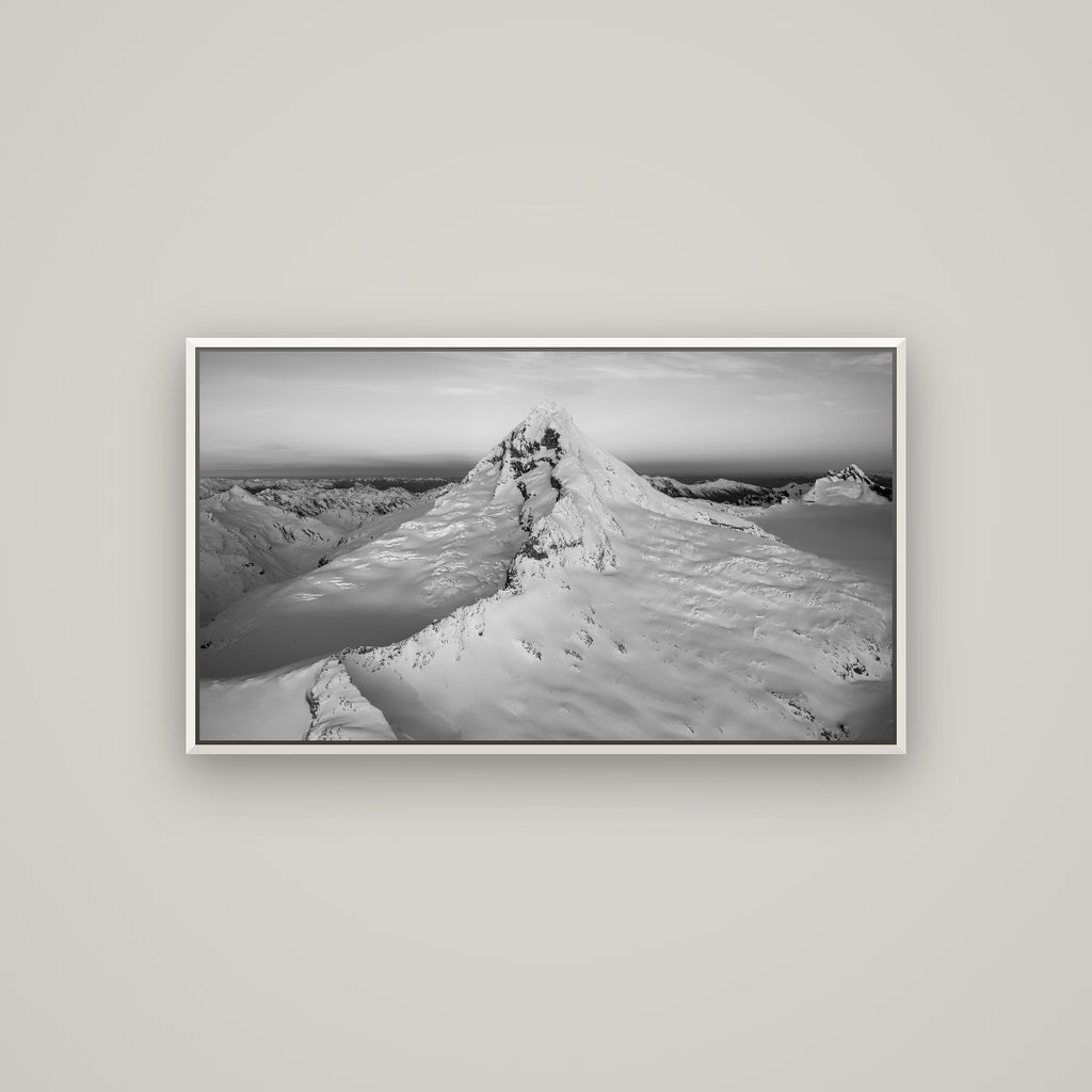 Elysian Majesty, Mount Aspiring's Evening Embrace — Basel White, 107×60 cm. New Zealand fine art wall art by Stephen Milner.