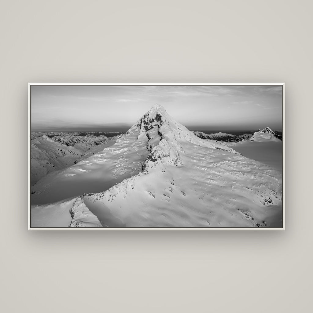 Elysian Majesty, Mount Aspiring's Evening Embrace — Basel White, 160×90 cm. New Zealand fine art wall art by Stephen Milner.