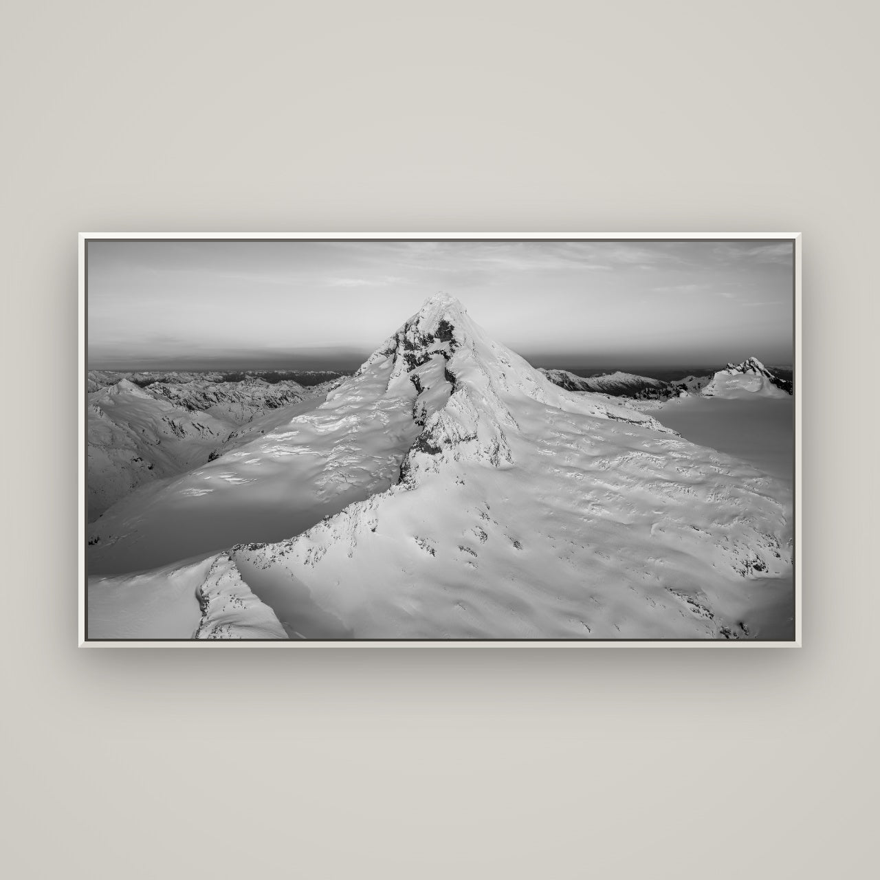 Elysian Majesty, Mount Aspiring's Evening Embrace — Basel White, 160×90 cm. New Zealand fine art wall art by Stephen Milner.