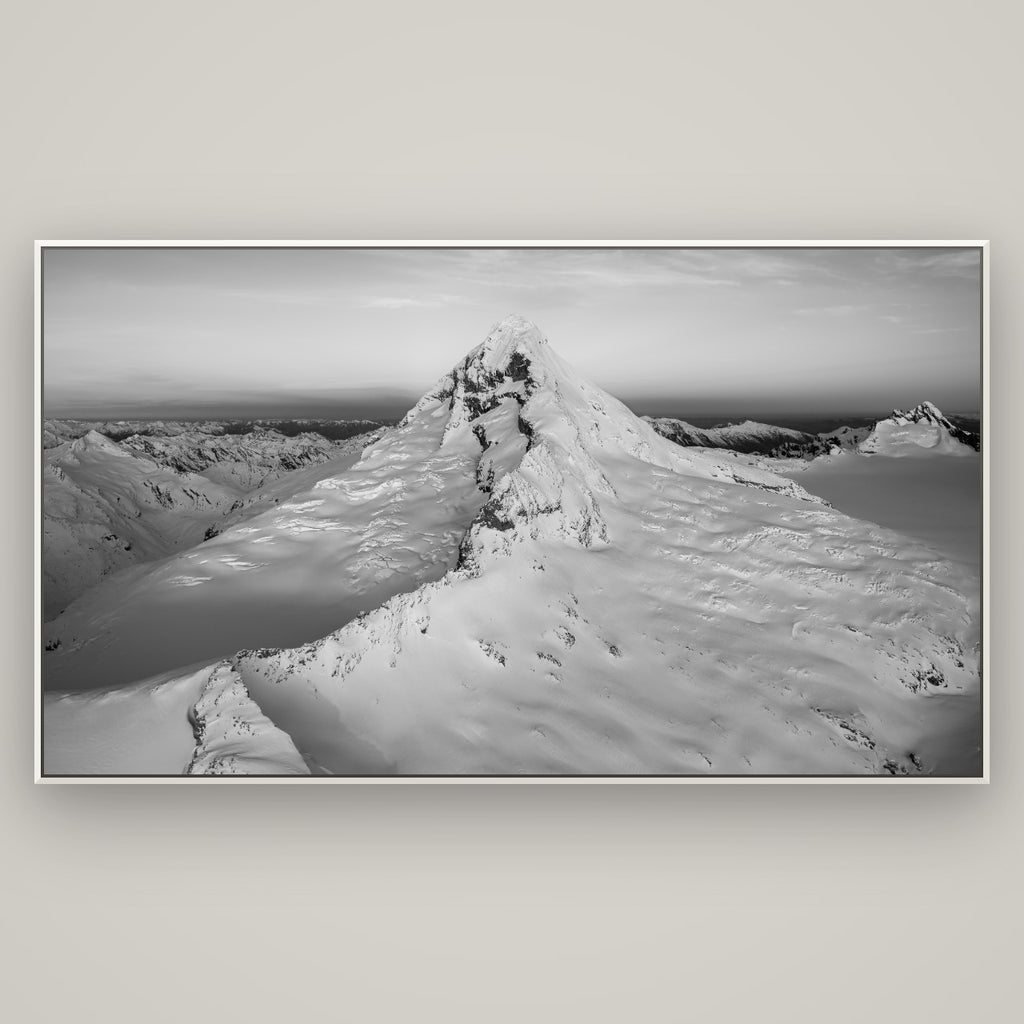 Elysian Majesty, Mount Aspiring's Evening Embrace — Basel White, 196×110 cm. New Zealand fine art wall art by Stephen Milner.