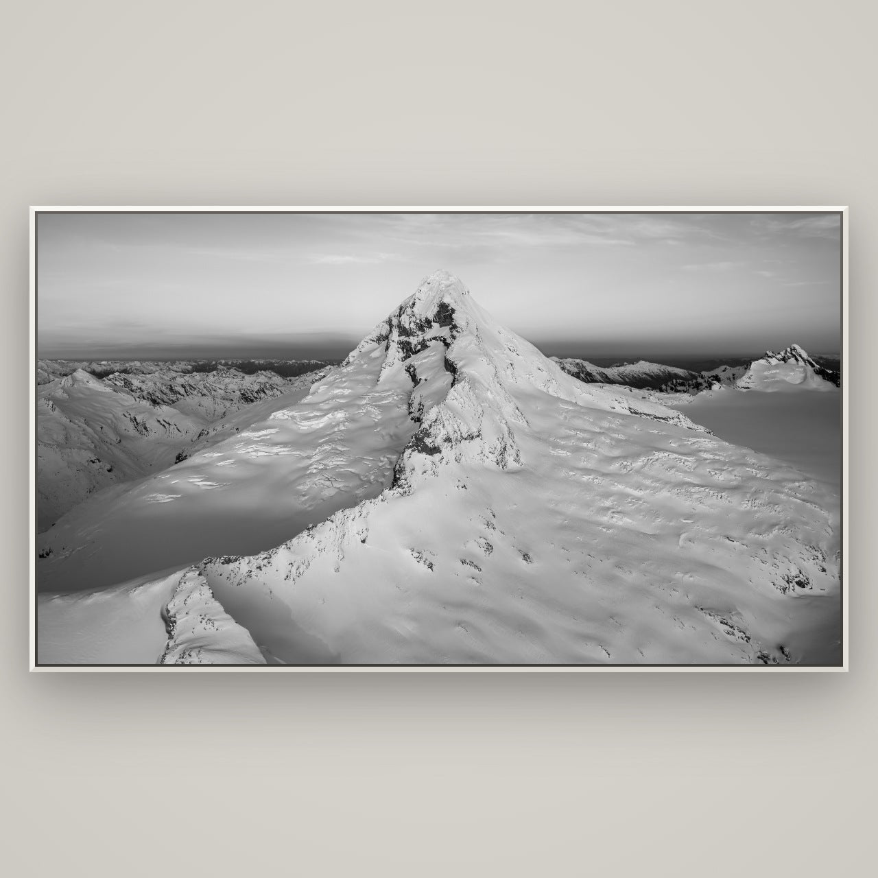 Elysian Majesty, Mount Aspiring's Evening Embrace — Basel White, 196×110 cm. New Zealand fine art wall art by Stephen Milner.