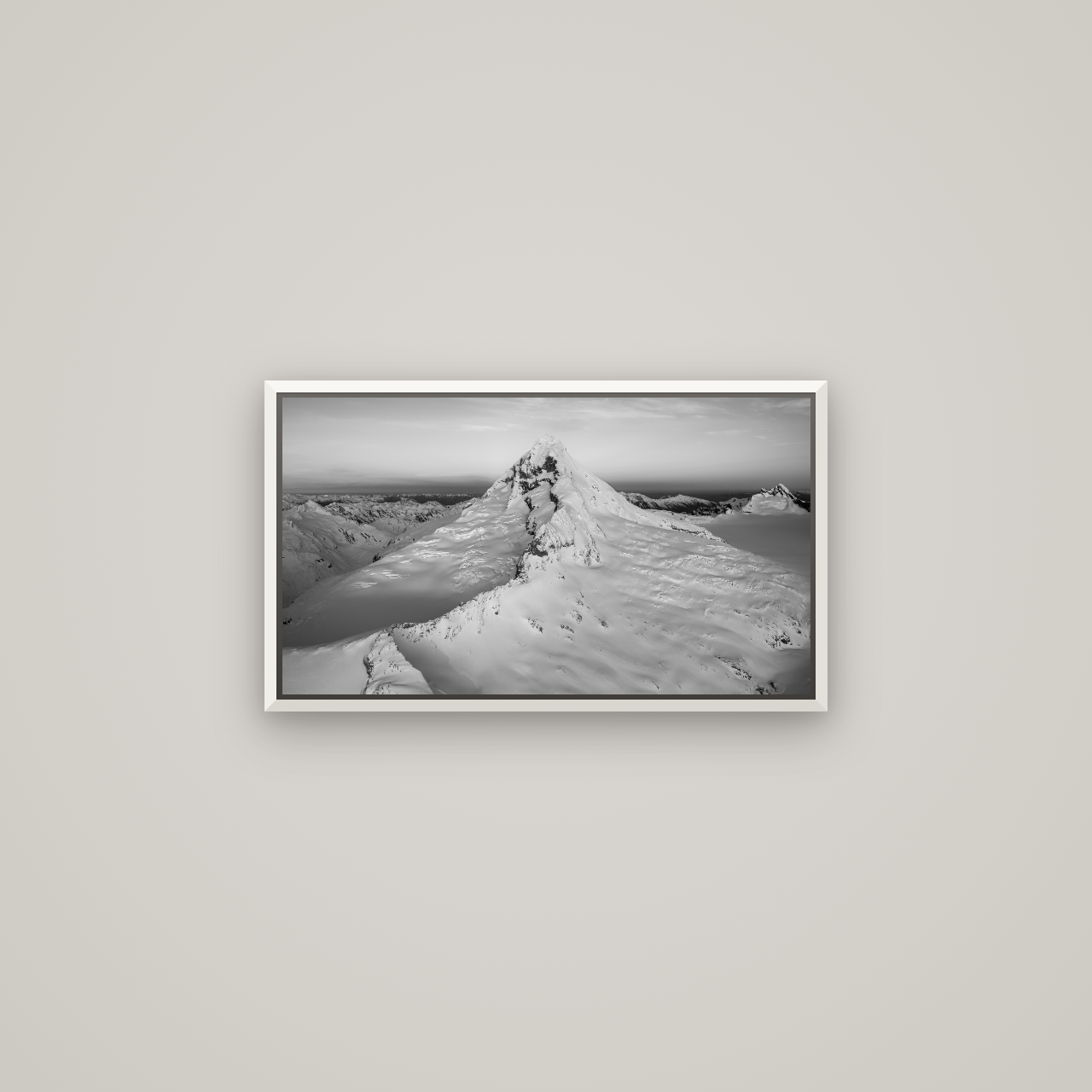 Elysian Majesty, Mount Aspiring's Evening Embrace — Basel White, 64×36 cm. New Zealand fine art wall art by Stephen Milner.