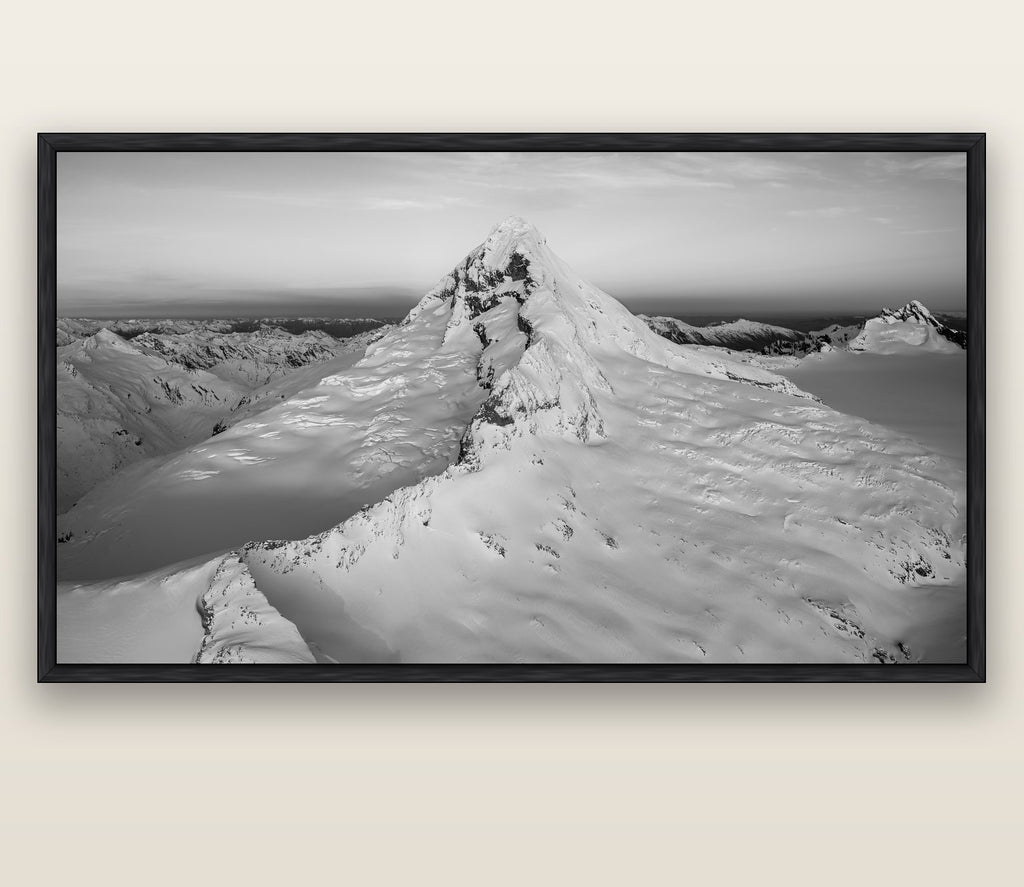 Elysian Majesty, Mount Aspiring's Evening Embrace — black float frame canvas, 200 × 130 cm. New Zealand fine art landscape wall art by Stephen Milner.