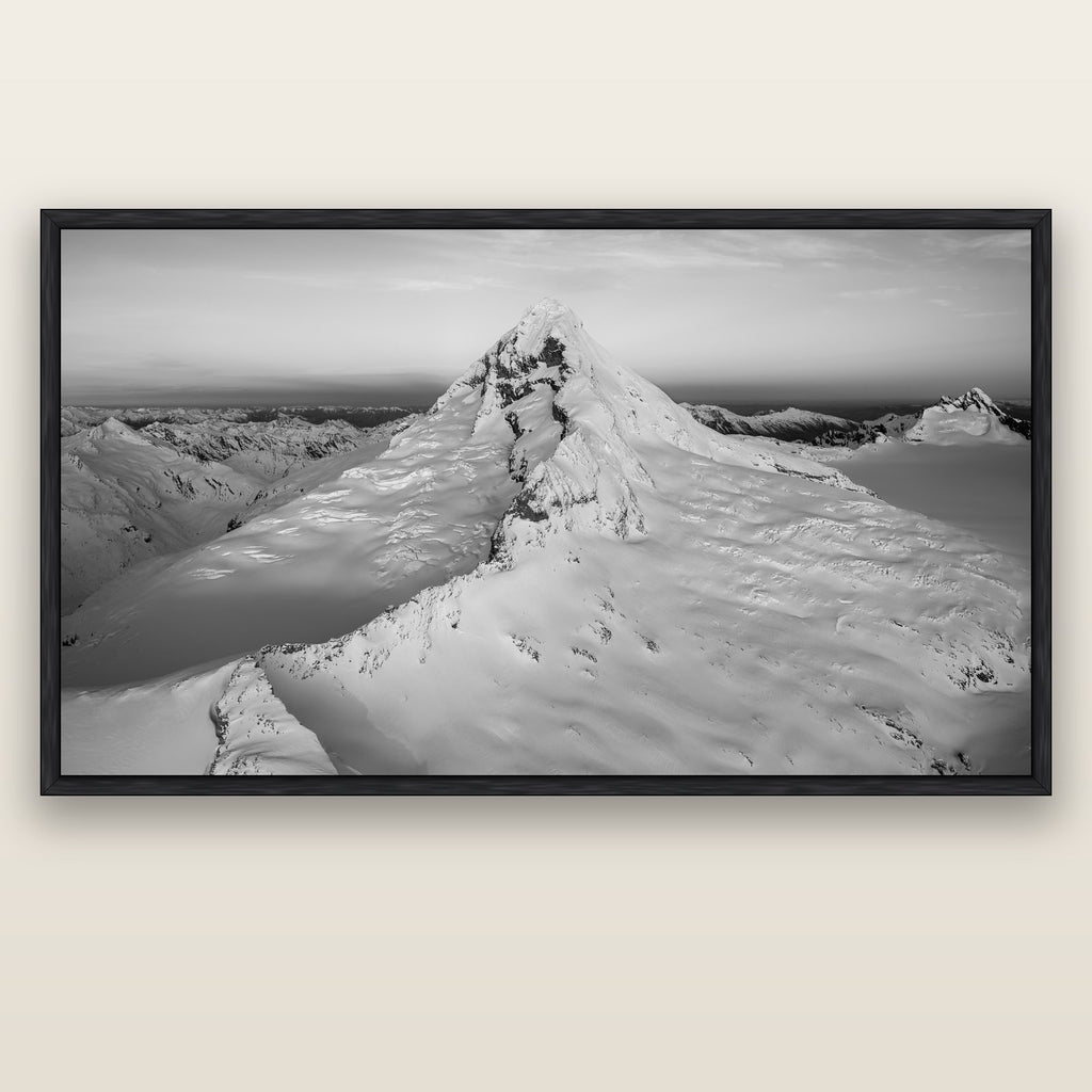 Elysian Majesty, Mount Aspiring's Evening Embrace — black float frame canvas, 200 × 130 cm. New Zealand fine art landscape wall art by Stephen Milner.