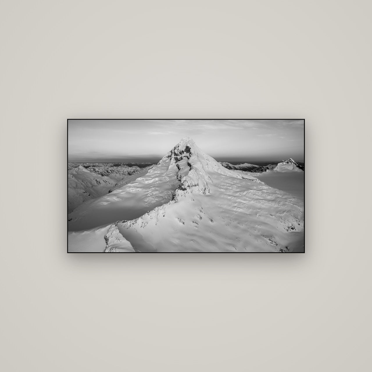 Elysian Majesty, Mount Aspiring's Evening Embrace — Slimline Black, 107×60 cm. New Zealand fine art wall art by Stephen Milner.
