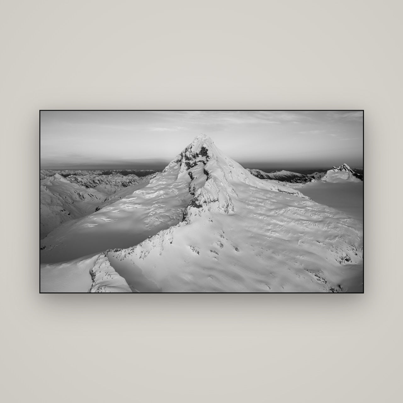 Elysian Majesty, Mount Aspiring's Evening Embrace — Slimline Black, 160×90 cm. New Zealand fine art wall art by Stephen Milner.