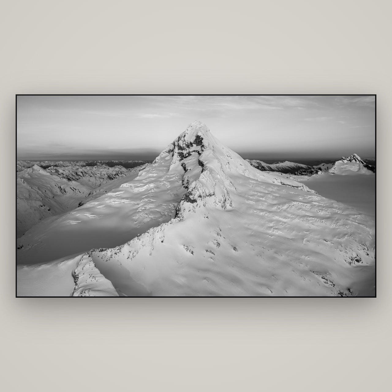 Elysian Majesty, Mount Aspiring's Evening Embrace — Slimline Black, 196×110 cm. New Zealand fine art wall art by Stephen Milner.