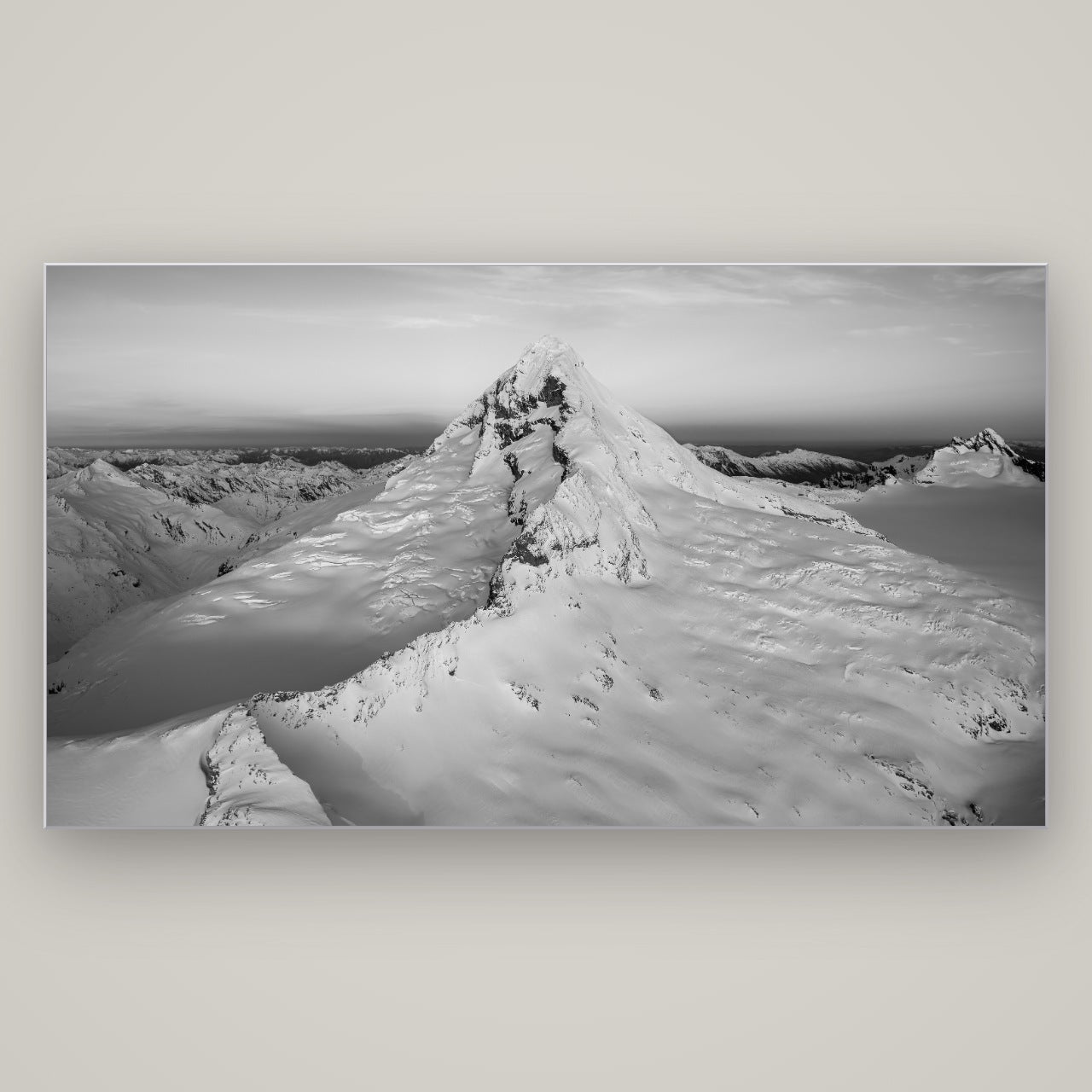 Elysian Majesty, Mount Aspiring's Evening Embrace — Slimline Silver, 196×110 cm. New Zealand fine art wall art by Stephen Milner.