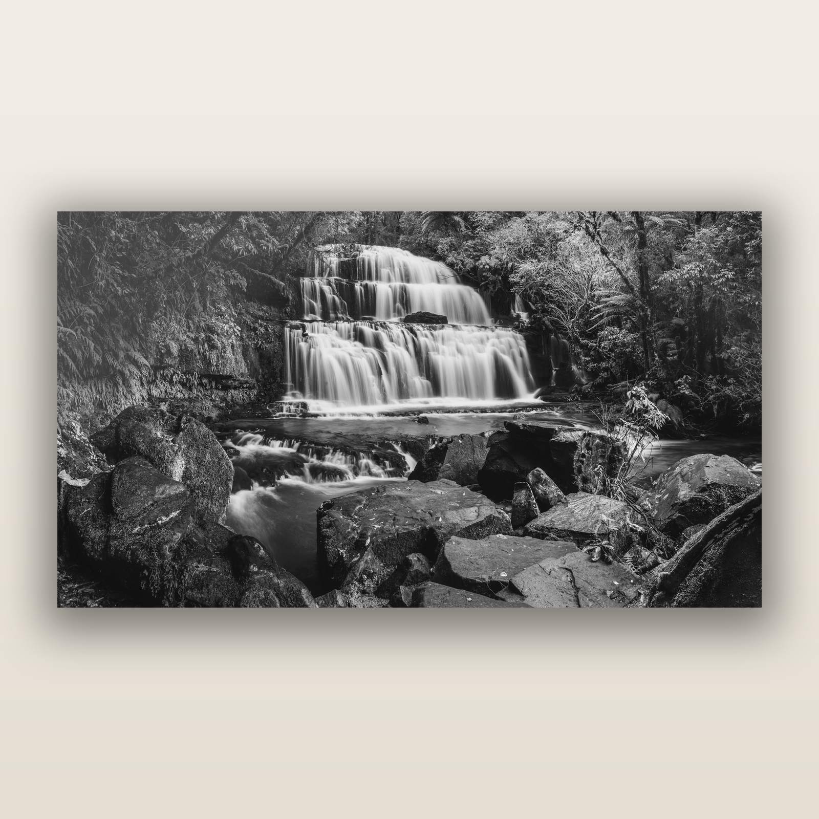 Elysian Serenity, Purakaunui Falls, black and white frameless acrylic glass print. New Zealand fine art photography by Stephen Milner.