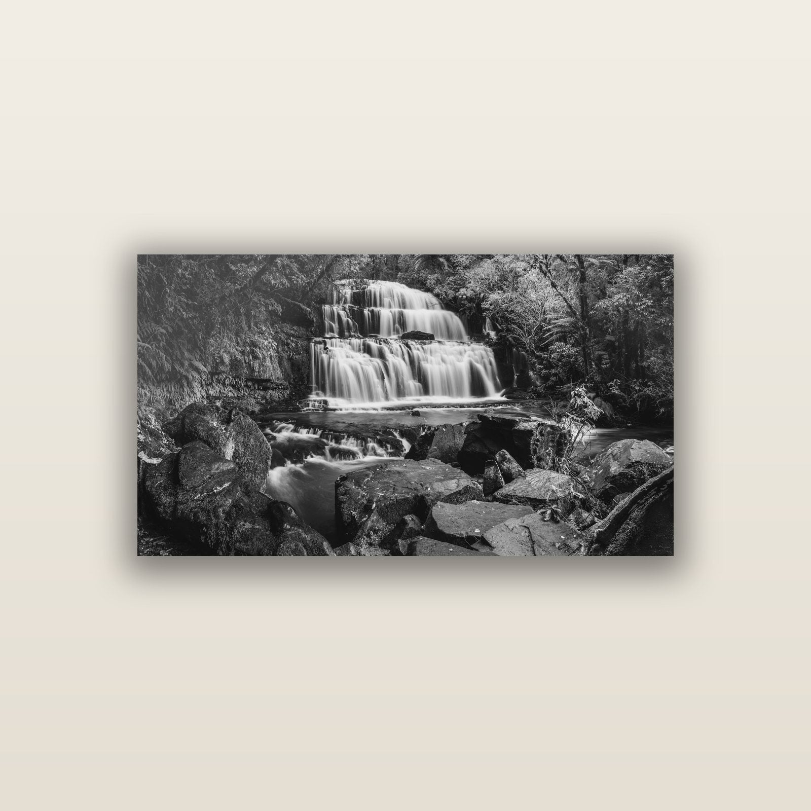 Elysian Serenity, Purakaunui Falls — acrylic panel print, small 76 × 38 cm. New Zealand fine art landscape wall art by Stephen Milner.