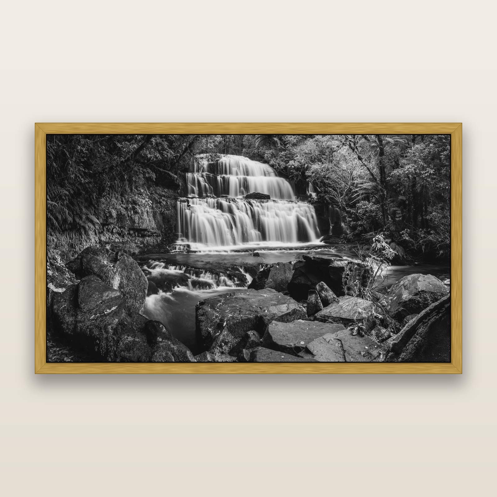 Elysian Serenity, Purakaunui Falls, black and white framed metallic canvas print, Antique Gold frame. New Zealand fine art wall art by Stephen Milner.