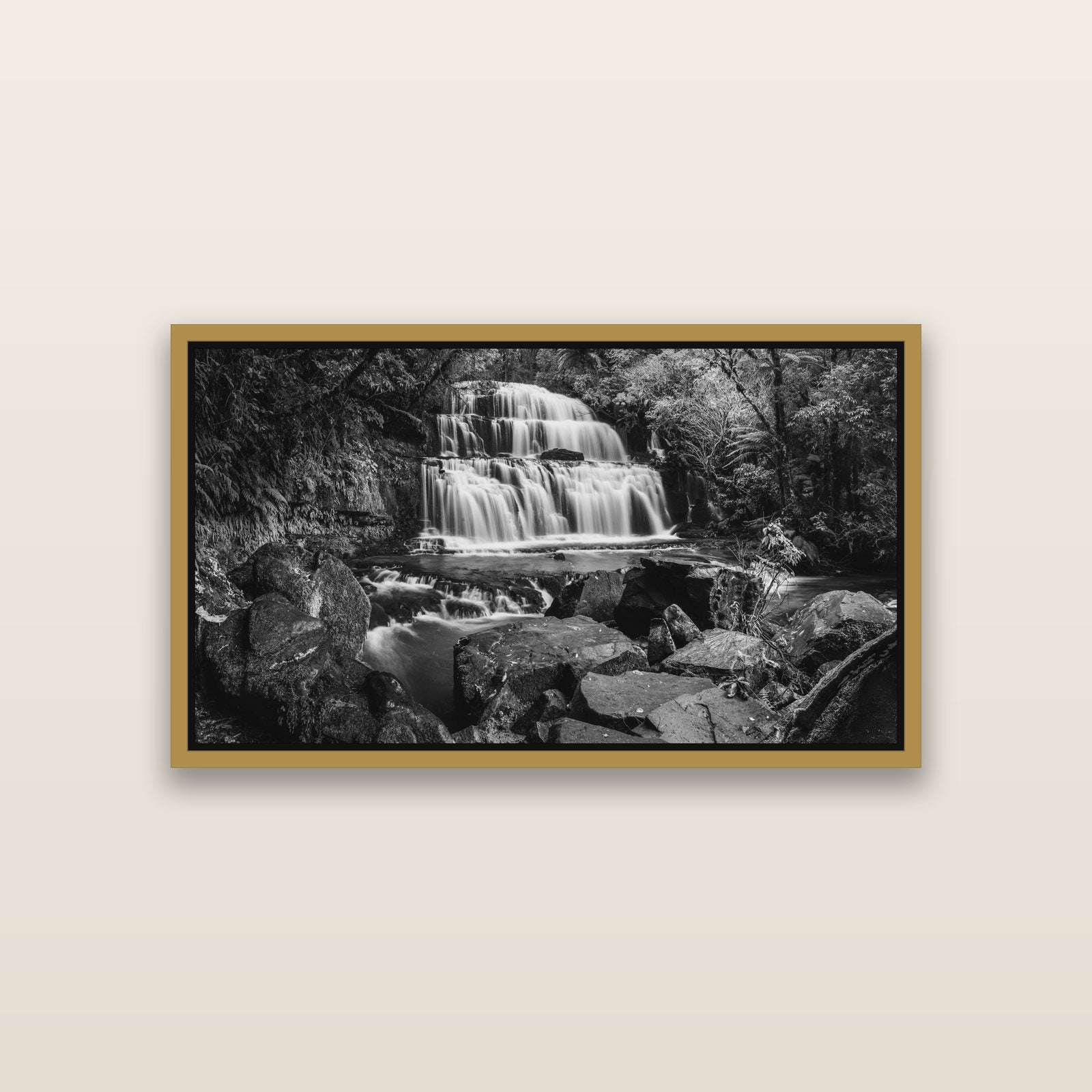 Elysian Serenity, Purakaunui Falls — Antique Gold framed metallic canvas print, small 81 × 46 cm. New Zealand fine art landscape wall art by Stephen Milner.