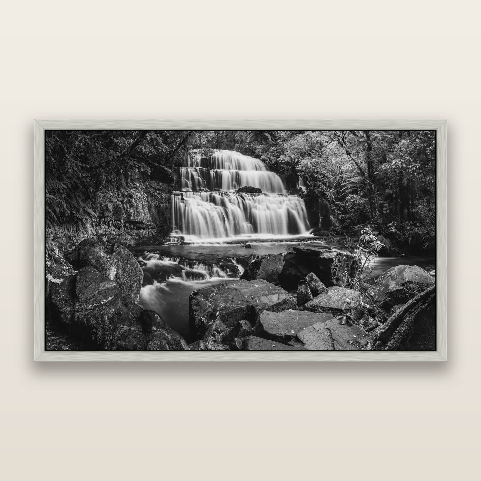 Elysian Serenity, Purakaunui Falls, black and white framed metallic canvas print, Antique Silver frame. New Zealand fine art wall art by Stephen Milner.