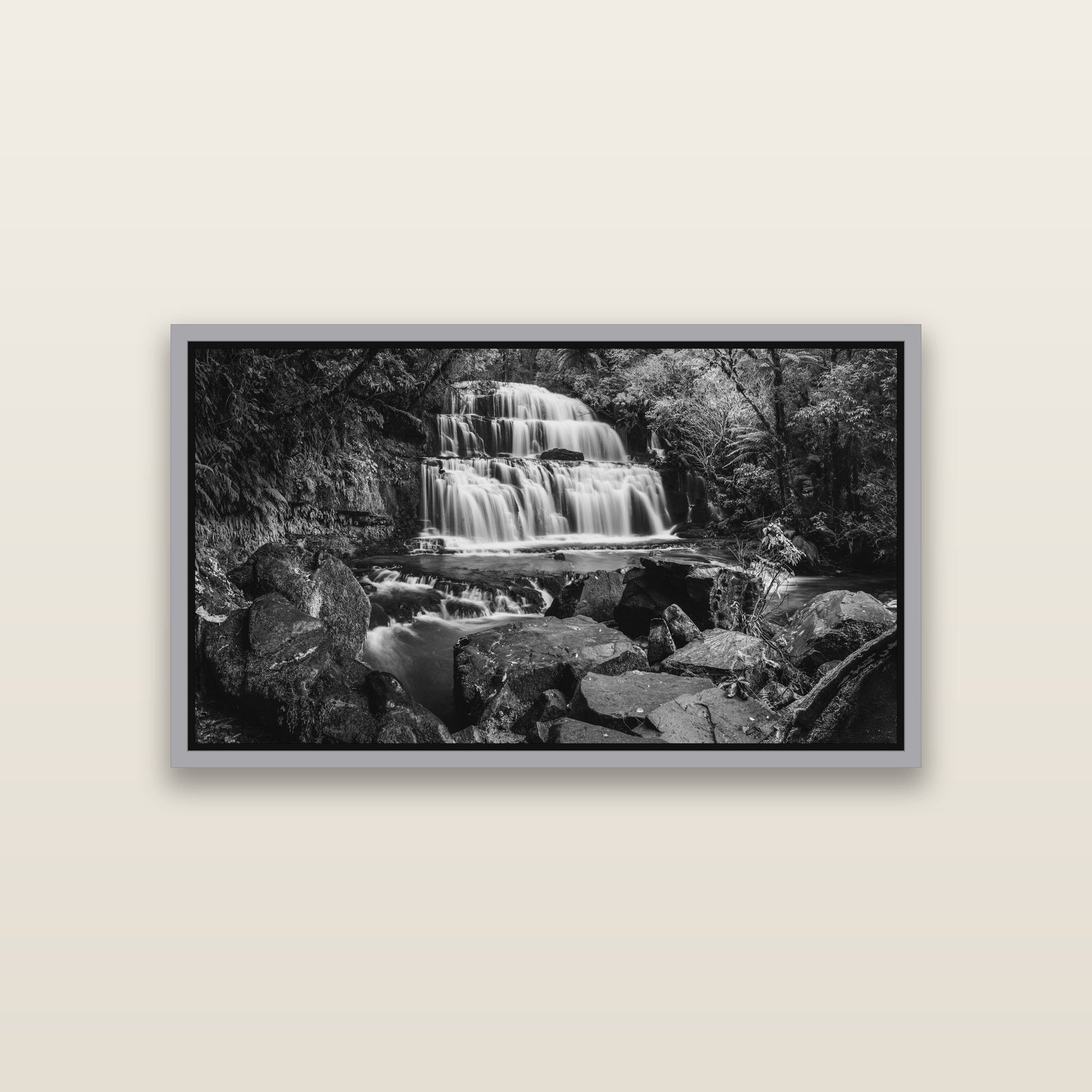 Elysian Serenity, Purakaunui Falls — Antique Silver framed metallic canvas print, small 81 × 46 cm. New Zealand fine art landscape wall art by Stephen Milner.