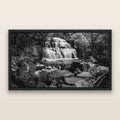 Elysian Serenity, Purakaunui Falls, black and white framed metallic canvas print, Black frame. New Zealand fine art wall art by Stephen Milner.