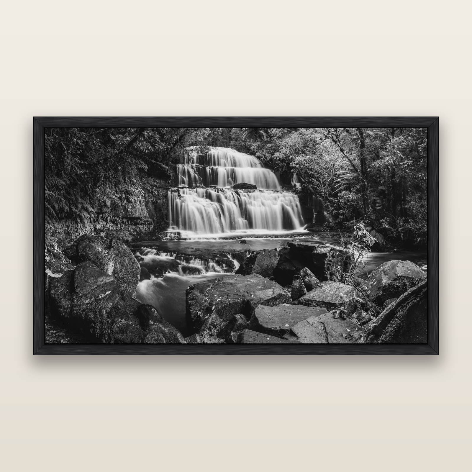 Elysian Serenity, Purakaunui Falls, black and white framed metallic canvas print, Black frame. New Zealand fine art wall art by Stephen Milner.