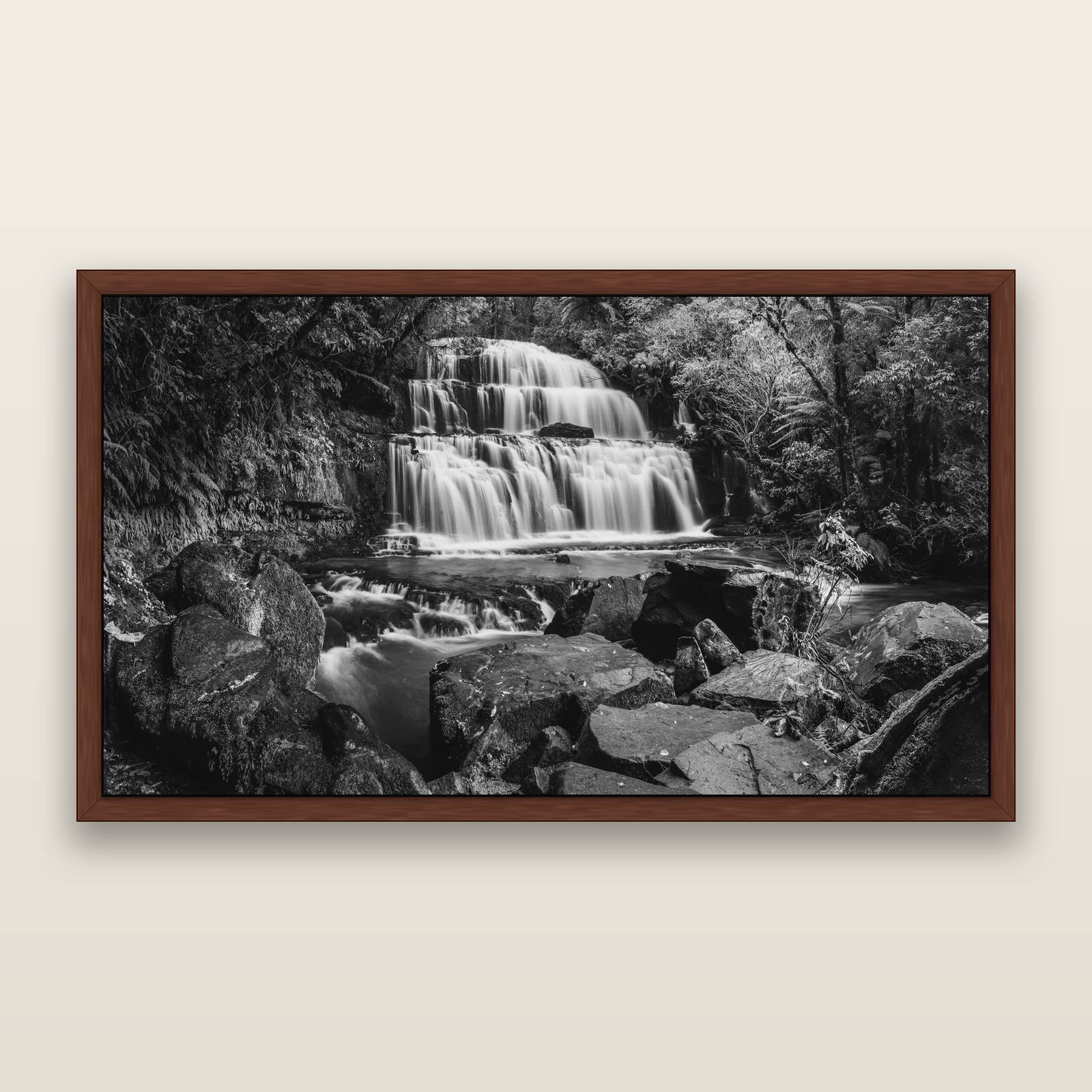 Elysian Serenity, Purakaunui Falls, black and white framed metallic canvas print, Brown frame. New Zealand fine art wall art by Stephen Milner.