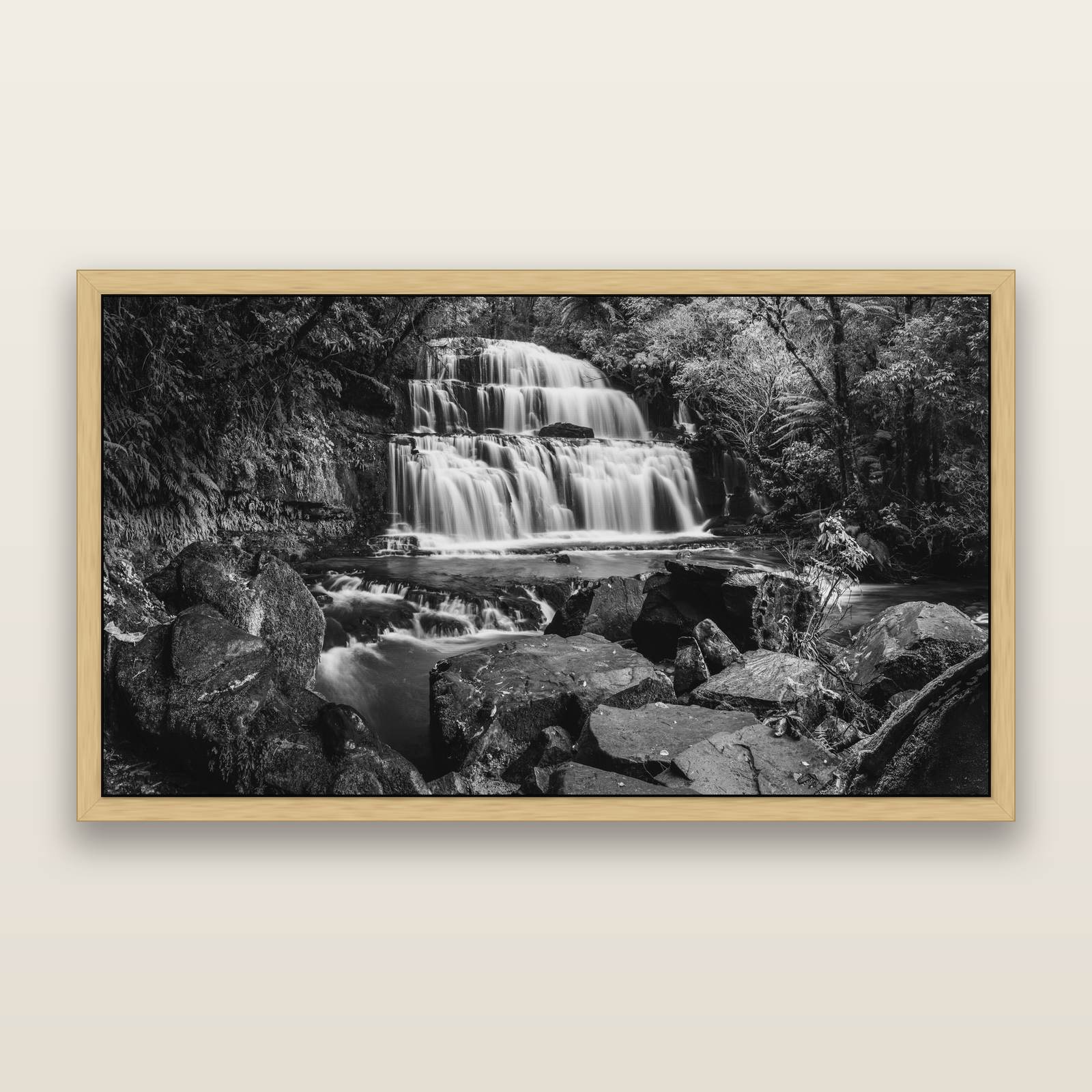 Elysian Serenity, Purakaunui Falls, black and white framed metallic canvas print, Natural frame. New Zealand fine art wall art by Stephen Milner.