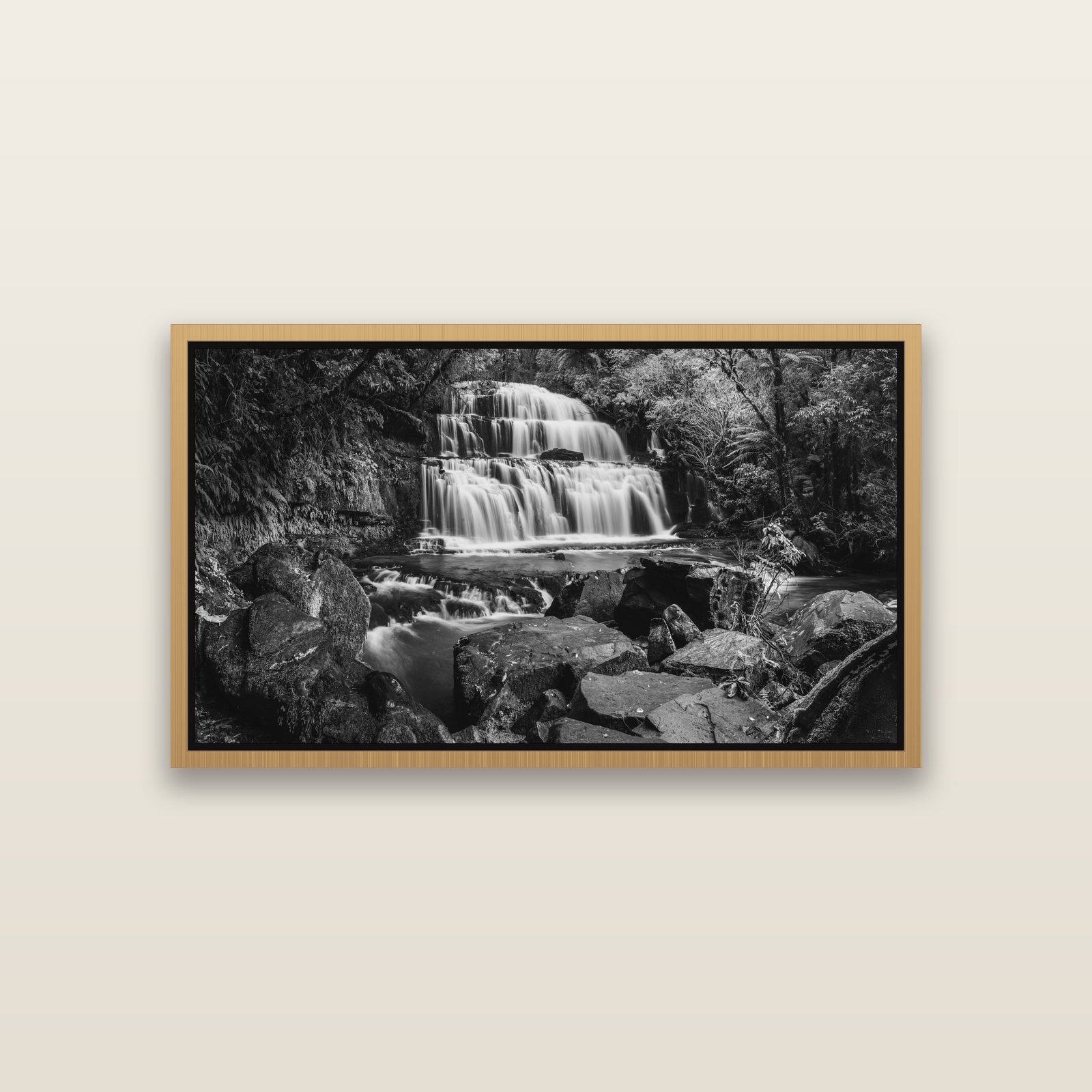 Elysian Serenity, Purakaunui Falls — Natural framed metallic canvas print, small 81 × 46 cm. New Zealand fine art landscape wall art by Stephen Milner.