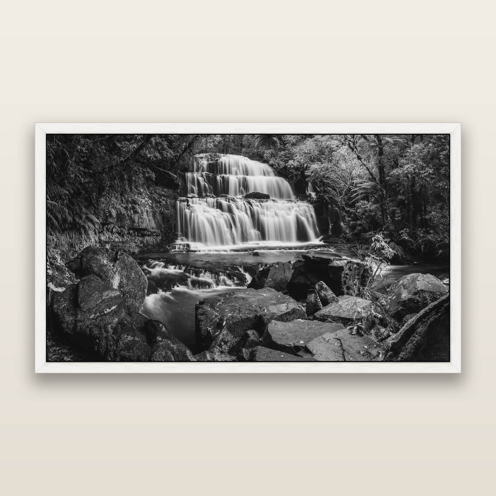 Elysian Serenity, Purakaunui Falls, black and white framed metallic canvas print, White frame. New Zealand fine art wall art by Stephen Milner.