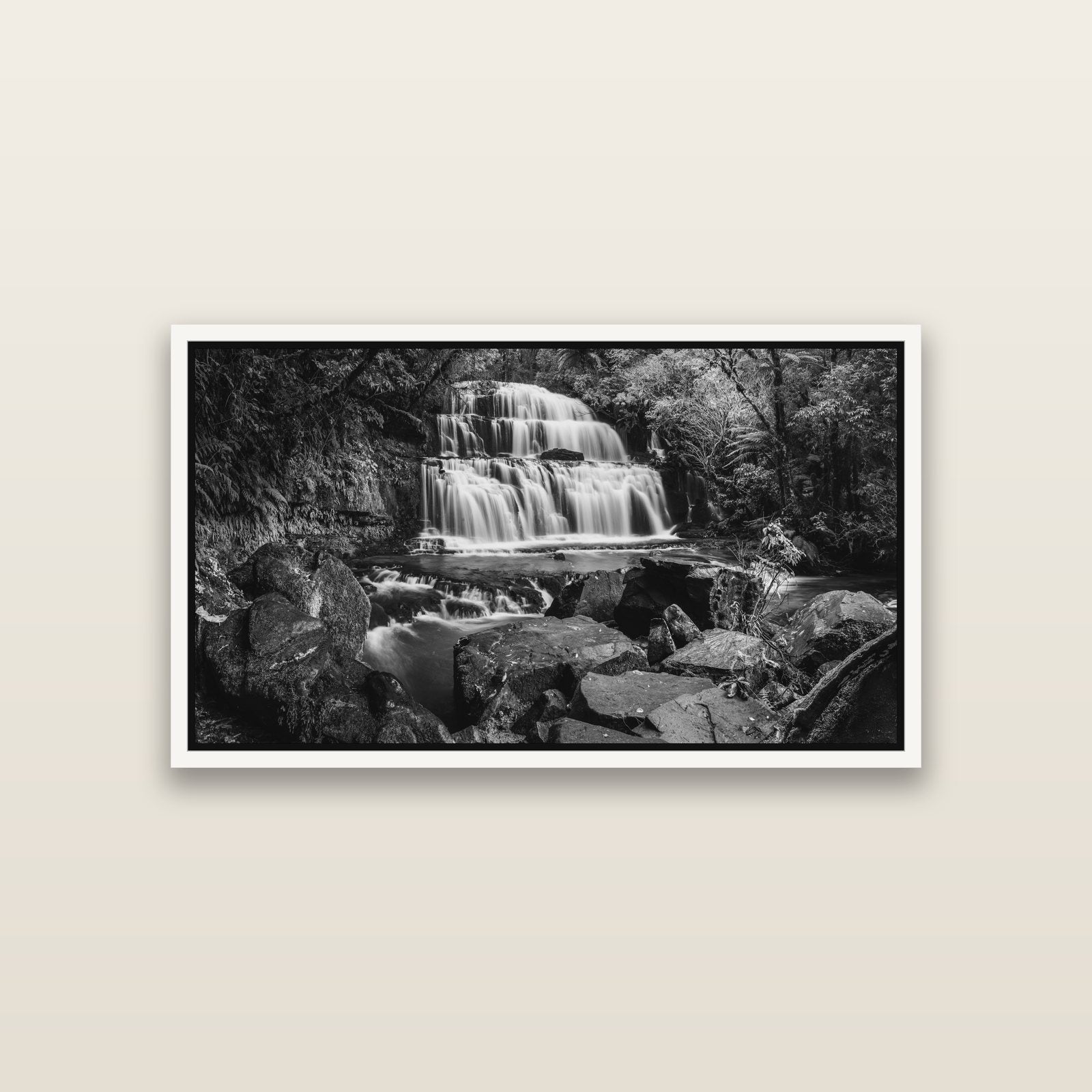 Elysian Serenity, Purakaunui Falls — White framed metallic canvas print, small 81 × 46 cm. New Zealand fine art landscape wall art by Stephen Milner.