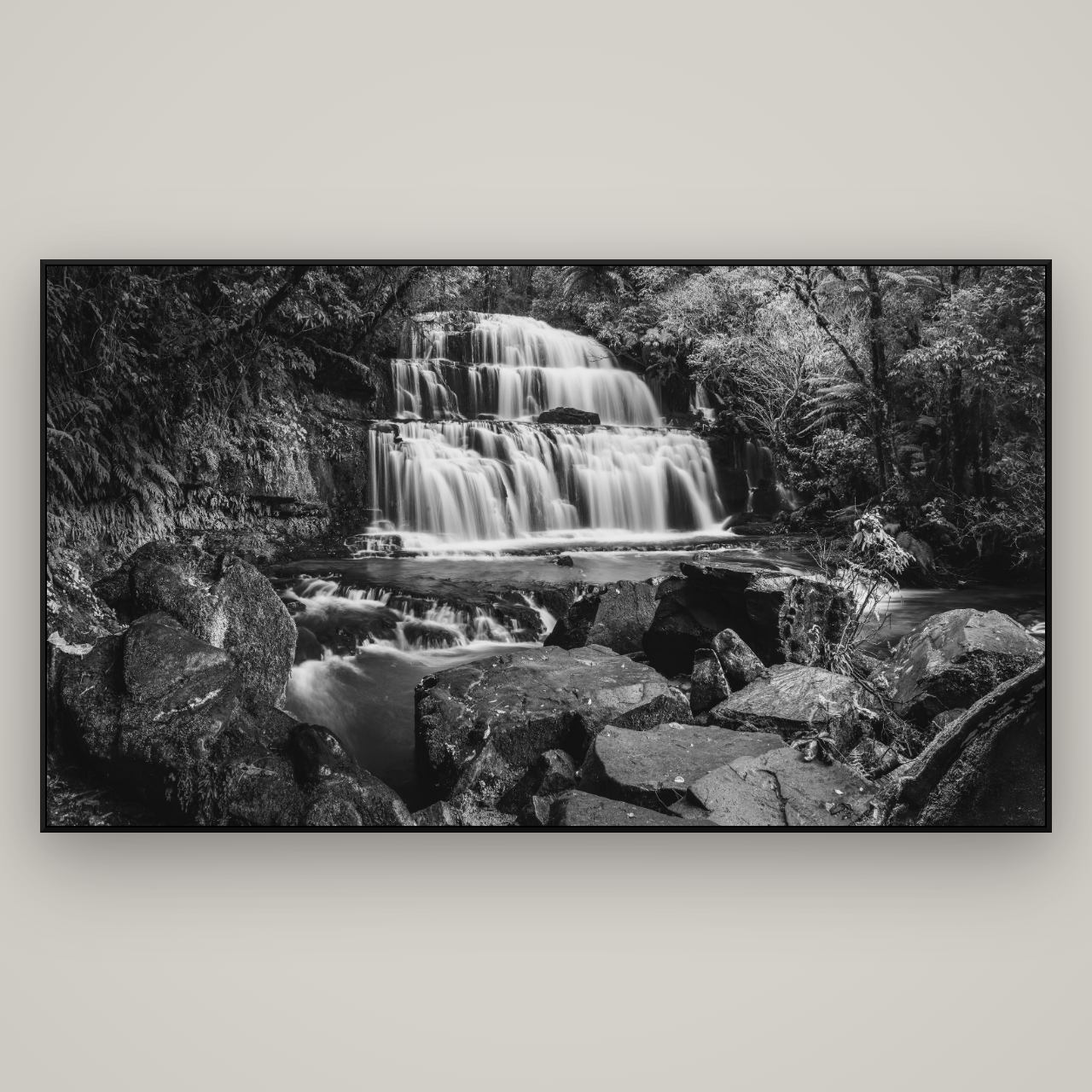 Elysian Serenity, Purakaunui Falls — ArtBox Black, 196×110 cm. New Zealand fine art wall art by Stephen Milner.