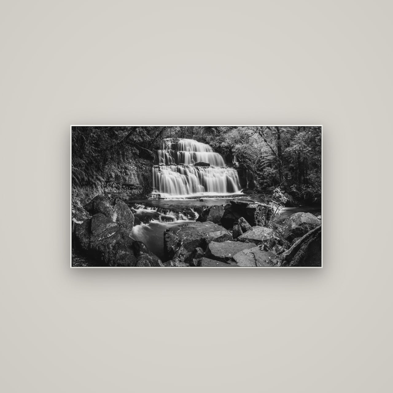 Elysian Serenity, Purakaunui Falls — ArtBox White, 107×60 cm. New Zealand fine art wall art by Stephen Milner.