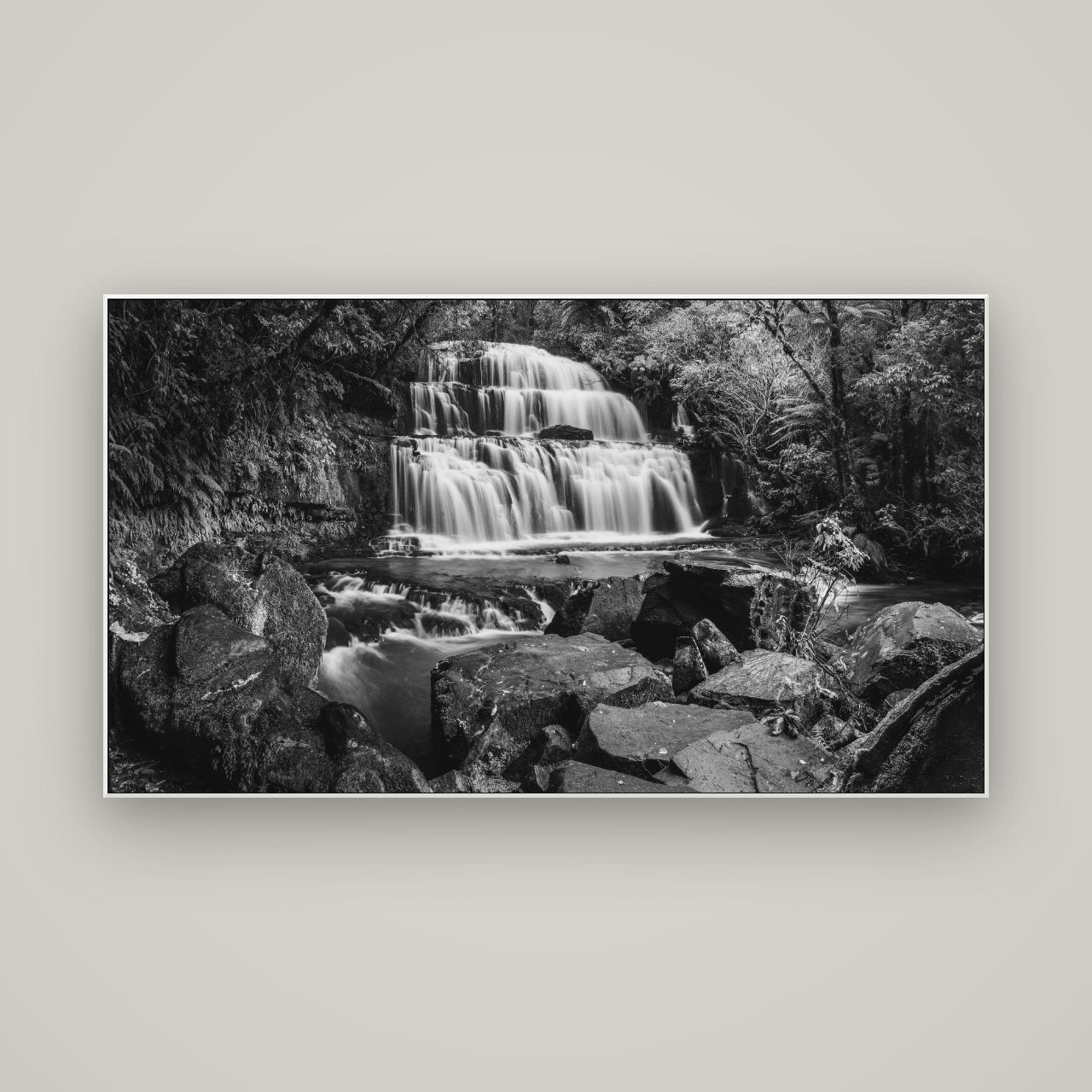 Elysian Serenity, Purakaunui Falls — ArtBox White, 160×90 cm. New Zealand fine art wall art by Stephen Milner.