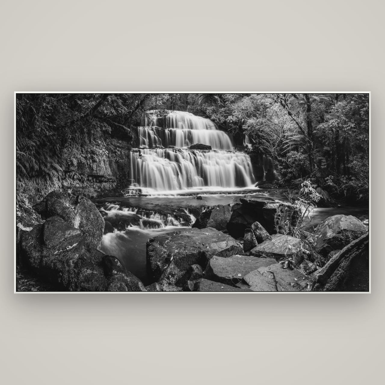 Elysian Serenity, Purakaunui Falls — ArtBox White, 196×110 cm. New Zealand fine art wall art by Stephen Milner.