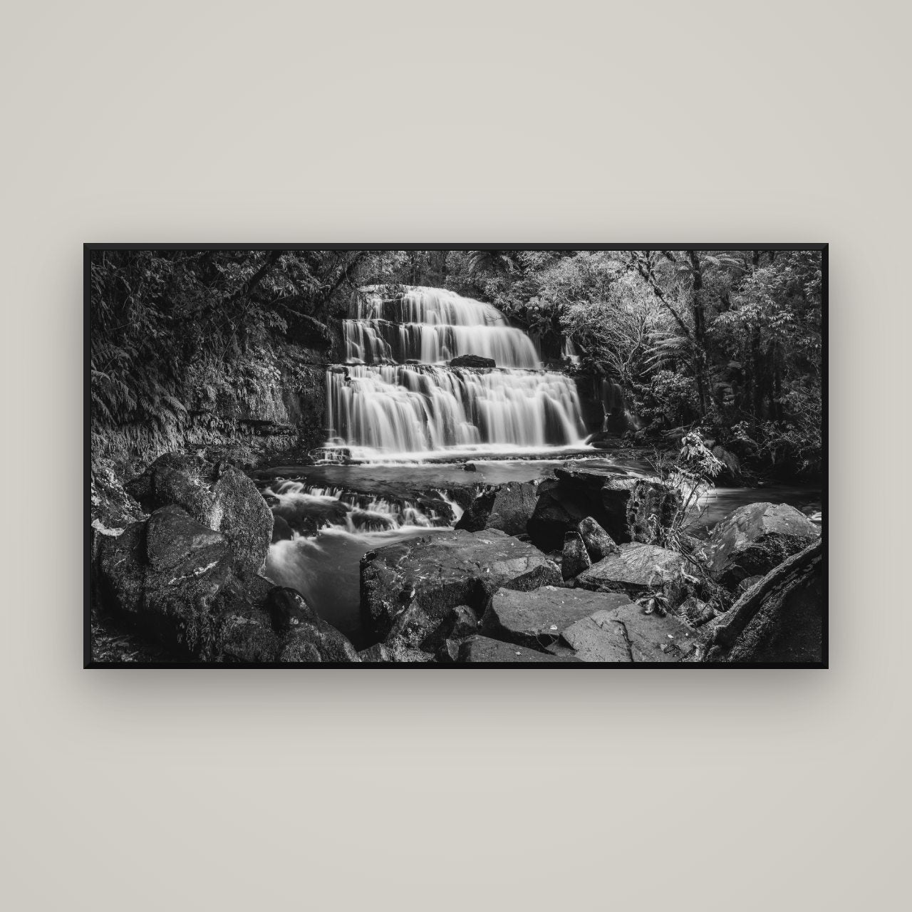 Elysian Serenity, Purakaunui Falls — Basel Black, 160×90 cm. New Zealand fine art wall art by Stephen Milner.
